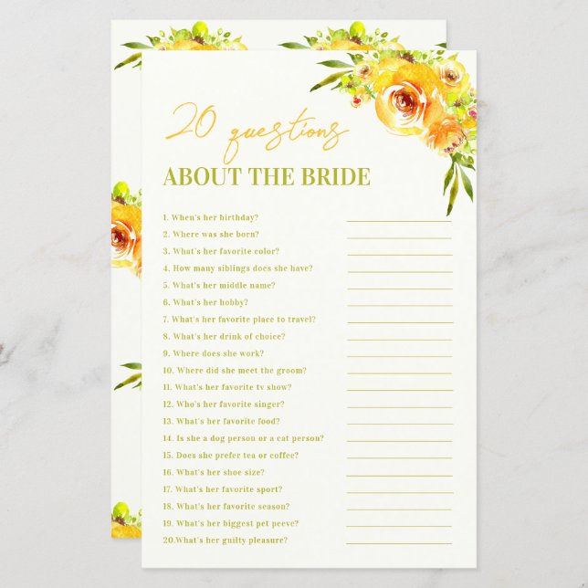 Lámina Yellow Floral 20 Questions About the Bride Game (Anverso / Reverso)