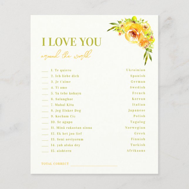 Lámina Yellow Floral I Love you Around the World Game (Anverso)