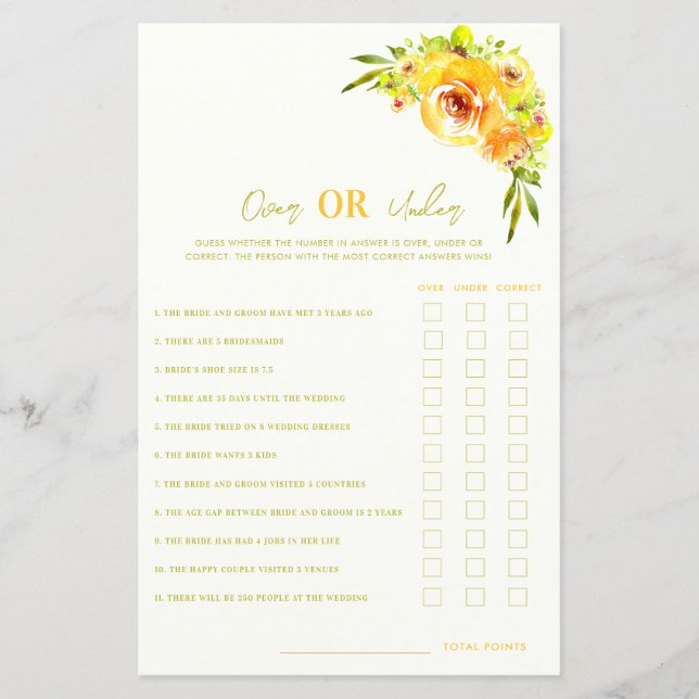 Lámina Yellow Floral Over or Under Bridal Shower Game (Anverso)