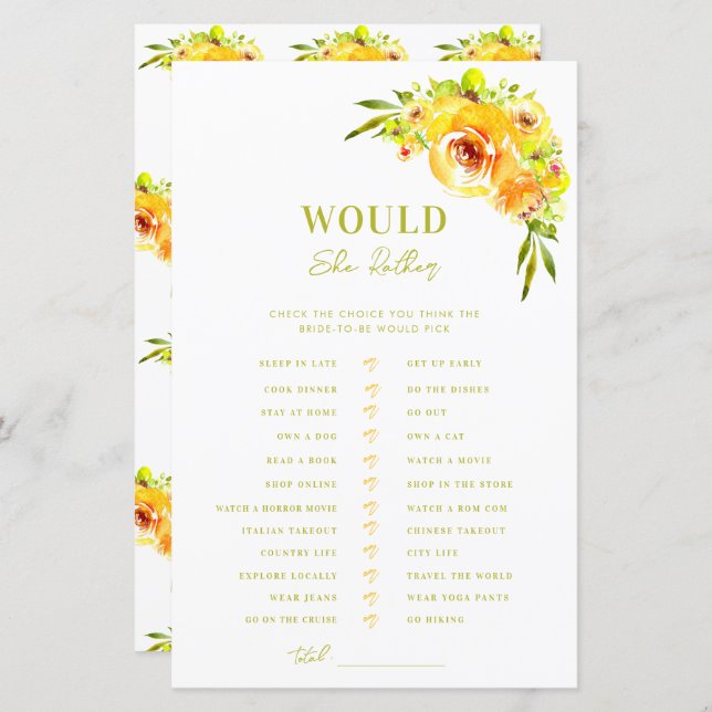 Lámina Yellow Green Bridal Shower Would She Rather Game (Anverso / Reverso)