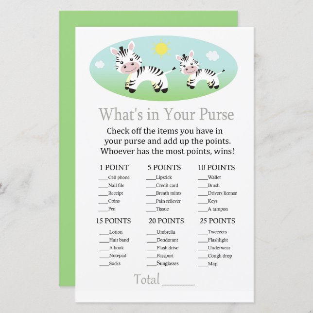 Lámina Zebra Qué hay en tu juego de bolso, bebé ducha (Anverso / Reverso)