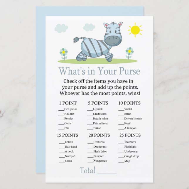 Lámina Zebra Qué hay en tu juego de bolsos (Anverso / Reverso)