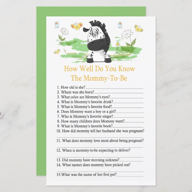 Lámina Zebra Qué tan bien conoces la ducha de bebé (Anverso / Reverso)