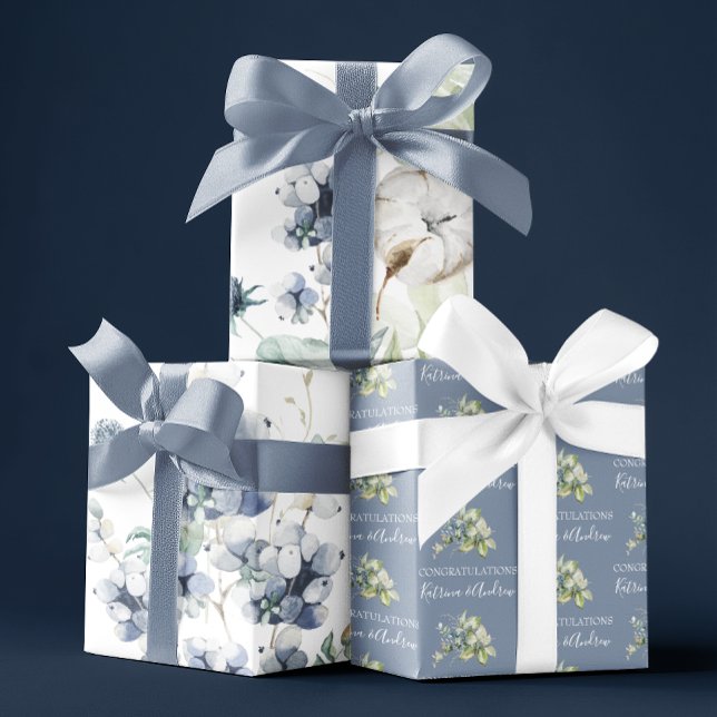 Láminas de papel de regalo floral de acuarela azul (Congratulate a special couple with this personalized watercolor dusty blue wrapping paper set! )