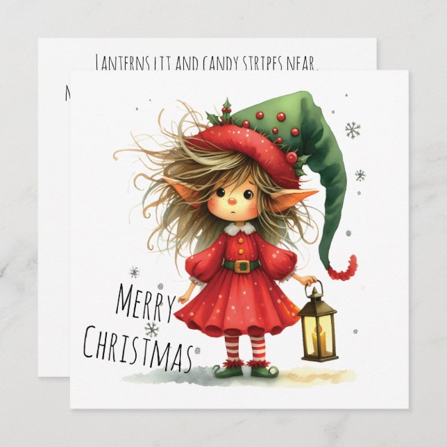 Lantern Elf – Whimsical Christmas Holiday Card (Anverso / Reverso)