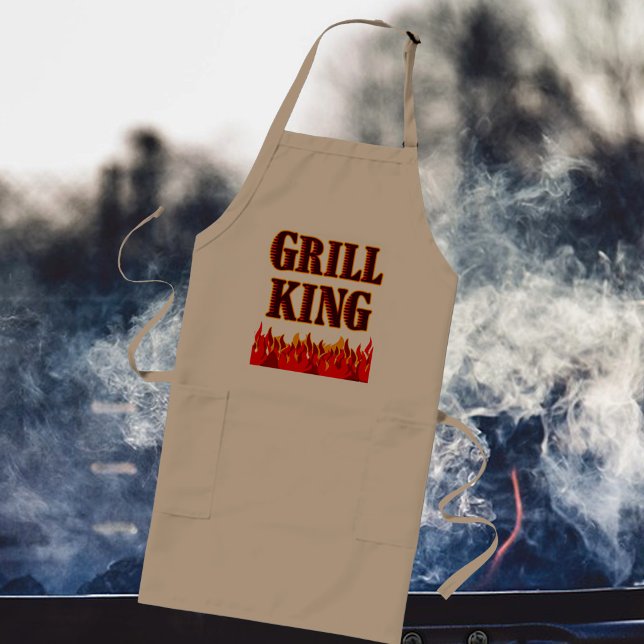 Largo Delantal con eslogan de BBQ Grill King Flames (Grill King Flames BBQ Slogan Apron)