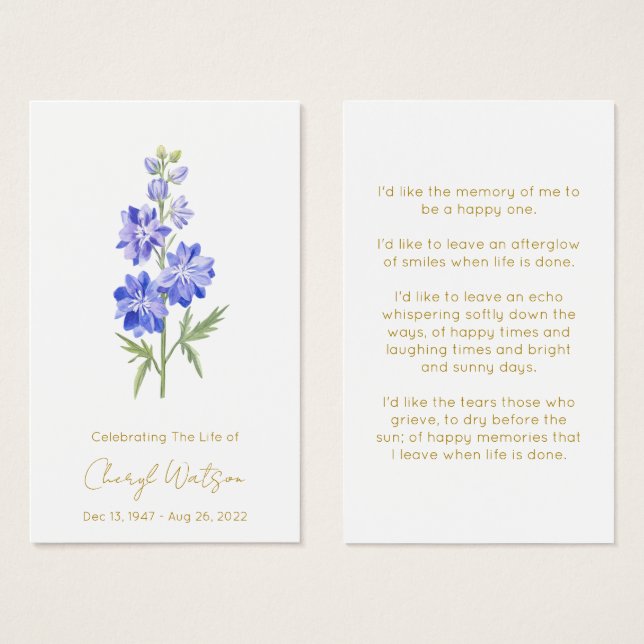 Larkspur | Tarjeta de Oración Simple Memorial (Anverso y reverso)