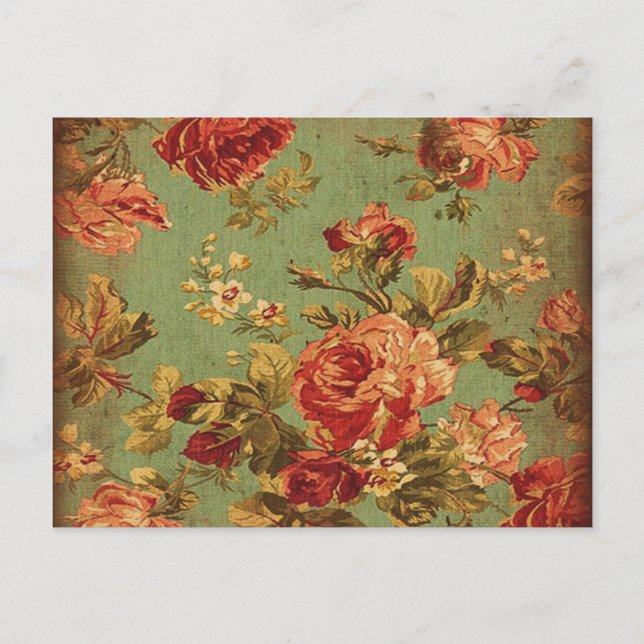 Las antiguas rosas rosadas en la postal verde (Anverso)