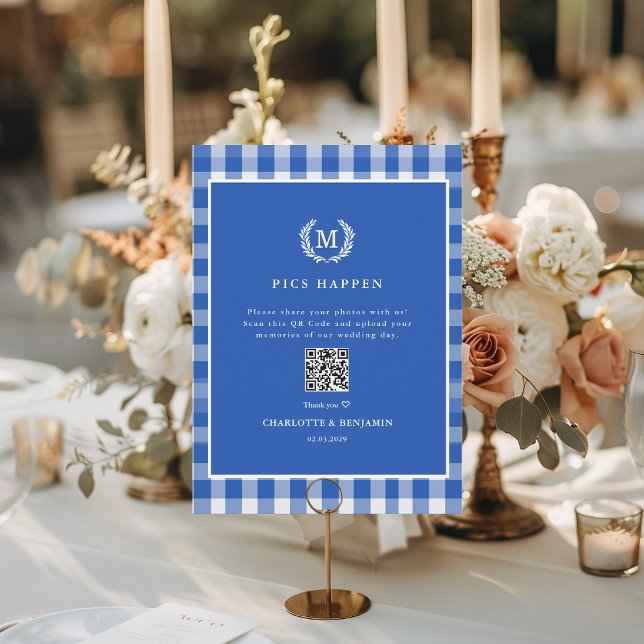 ¡LAS FOTOS SUCEDEN! Galería de Bodas de QR Code Bl (PICS HAPPEN! QR Code Blue Gingham Wedding Gallery Card)