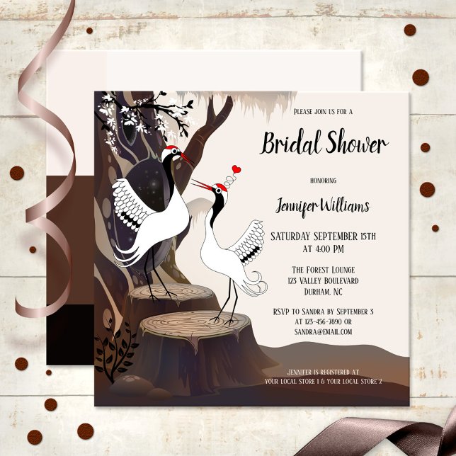 Las grullas japonesas adoran la invitación a la du (Bridal shower invitation featuring an illustration of two Japanese cranes in love in a forest)