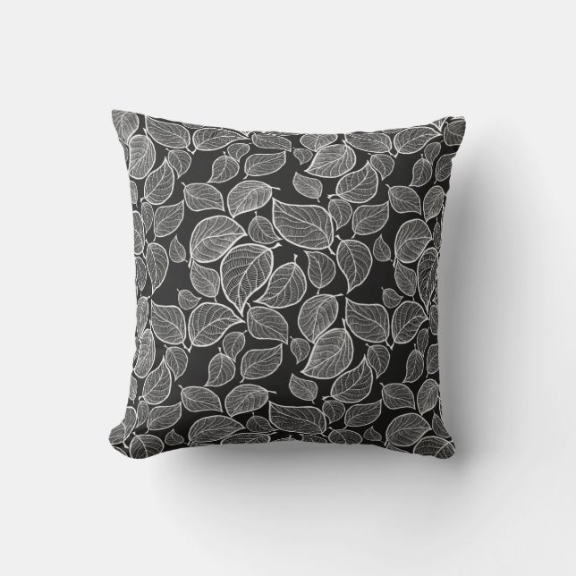 Las hojas blancas en el Cojín decorativo negro (Anverso)
