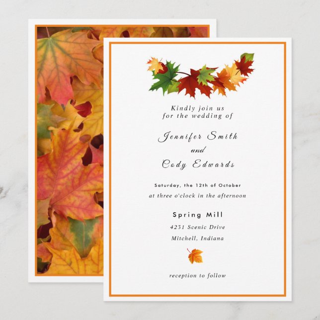 Las hojas de otoño personalizan la invitación a la (Anverso / Reverso)