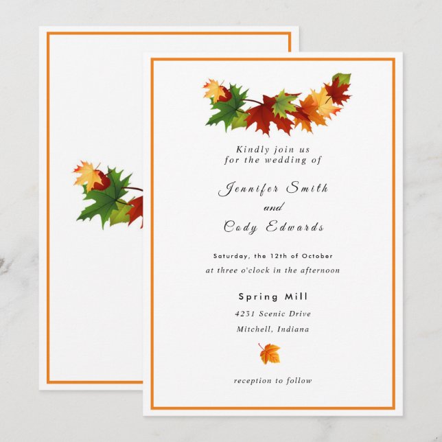 Las hojas de otoño personalizan la invitación a la (Anverso / Reverso)