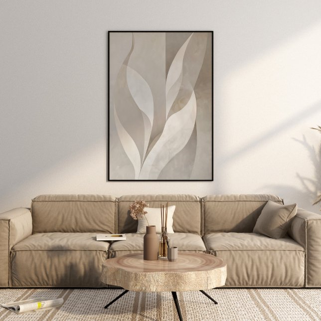Las hojas neutrales modernas del arte estético de  (Modern Neutral Leaves Aesthetic Wall Art in a beautiful beige neutral boho luxe living room.)