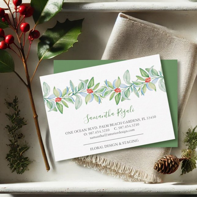 Las hojas verdes y las tarjetas de visita de los B (Christmas business cards watercolor red and green botanicals by Victoria Grigaliunas VG Invites)