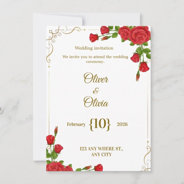 Las invitaciones de boda adornadas con rosas rojas (Anverso)