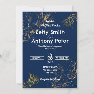 Las invitaciones de la boda son azul oscuro, dorad