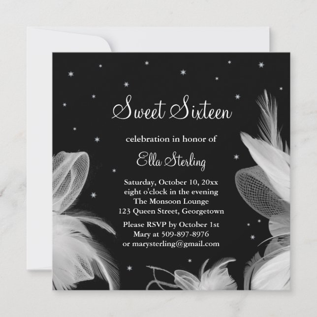 Las plumas blancas en la invitación al cumpleaños  (Anverso)