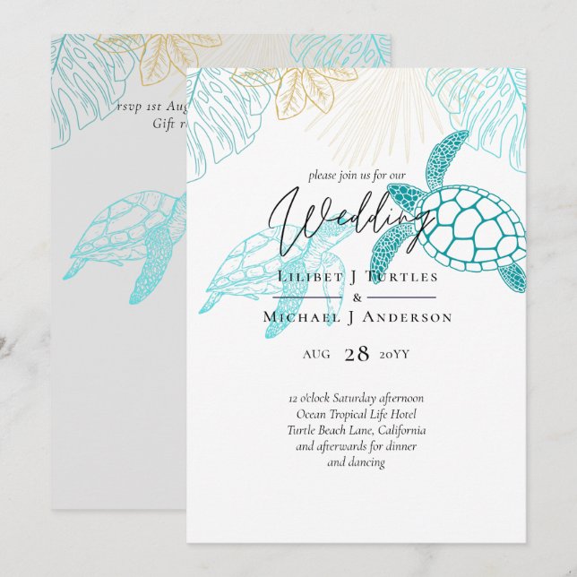 Las tortugas marinas Boda arte de línea moderna (Anverso / Reverso)