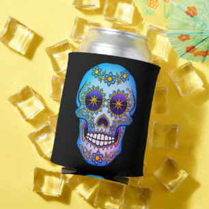 Latas Calavera de azúcar enfriador de lata floral azul