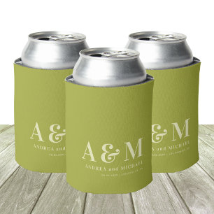 Latas Enfriador de Lata de Boda Monograma Verde e Marfil