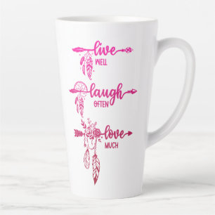 Latte Taza de café boho con ombre rosa, Viva, Ríe, Ama