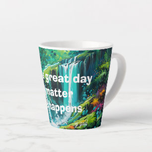 Latte taza de café con cascada de mantra transformadora