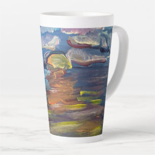 Latte Taza de café con pintura de amanecer sobre el lago
