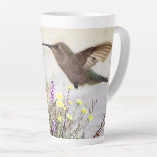 Latte Taza de café de arte digital de colibrí y flores s