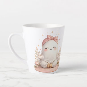 Latte Taza de café fantasma sonriente Boho con lazo rosa
