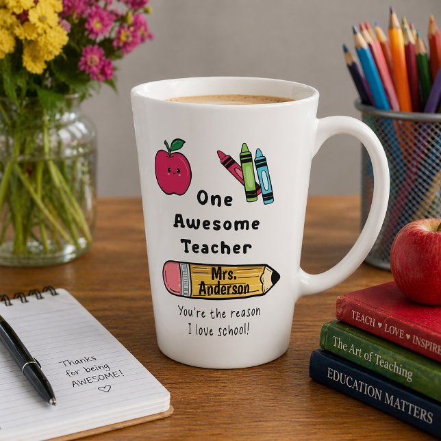 Latte Una Taza de Café Genial para un Profesor Increíble ("One awesome teacher-You're the reason i love school" latte mug for Teacher's Appreciation Day)