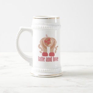 Latte y taza de amor, manos y cita de café