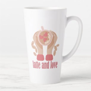 Latte y taza de amor, manos y cita de café