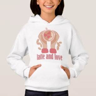 Latte y taza de amor, manos y cita de café