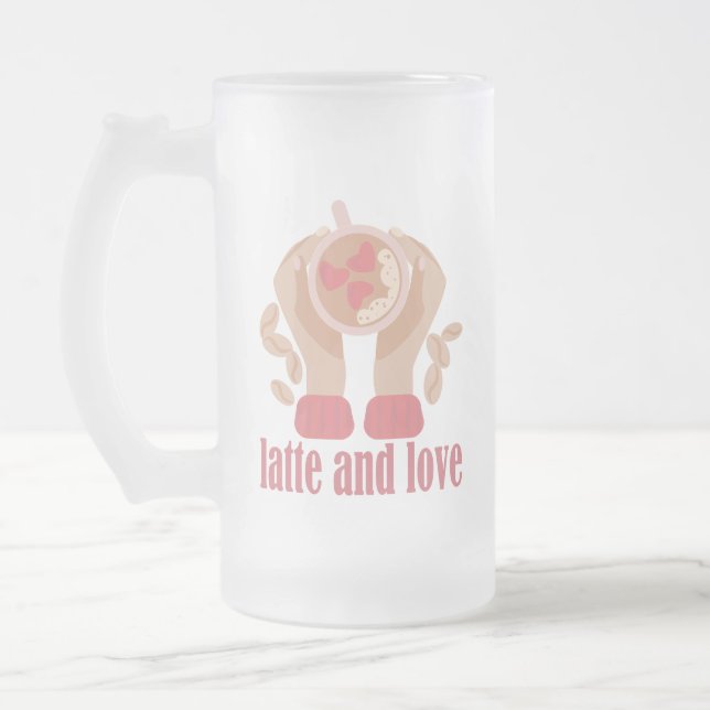 Latte y taza de amor, manos y cita de café (Izquierda)