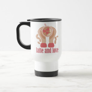 Latte y taza de amor, manos y cita de café