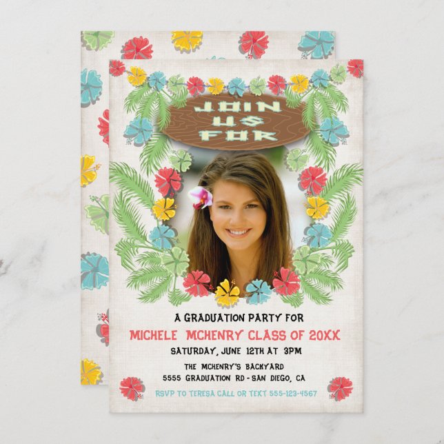 Lau Tropical Invitación a la Graduación Hawiana (Anverso / Reverso)