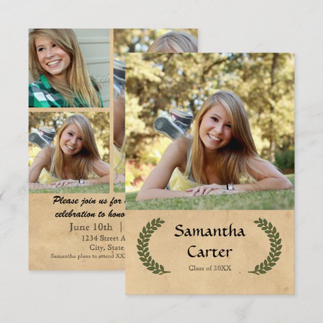 Laurel Leaf - Invitación de Graduación 3x5 (Anverso / Reverso)