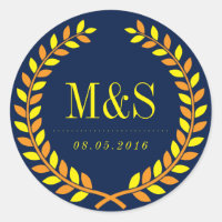 Laurel Wreath Boda Pegatina Marina Azul y Amarillo