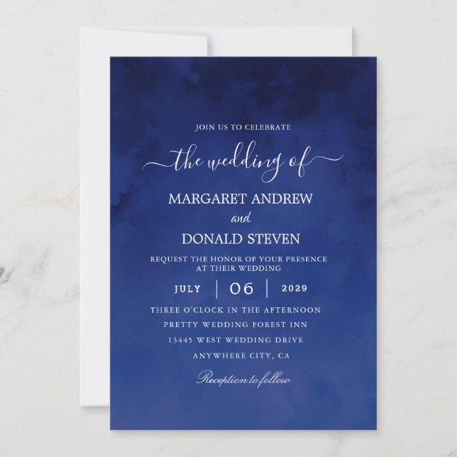 lavado de acuarela Invitación a la boda azul real (Anverso)