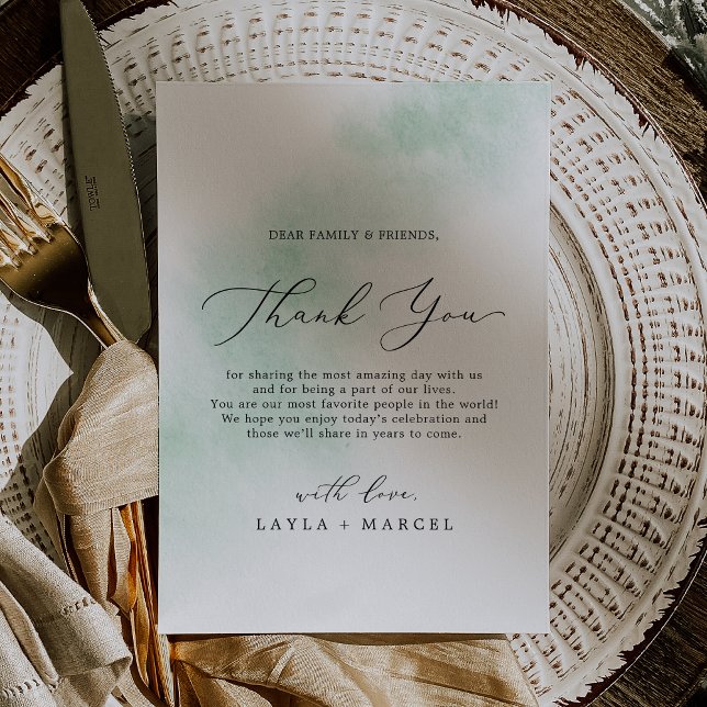 Lavado de color de agua | Tarjeta Verde De Recepci (Watercolor Wash | Green Thank You Reception Card)