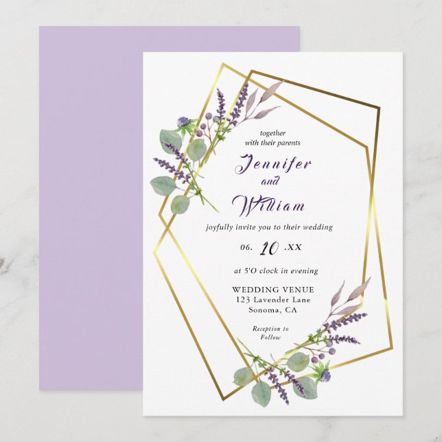 Lavanda acuarela, invitación a la boda de Eucalypt (Anverso / Reverso)