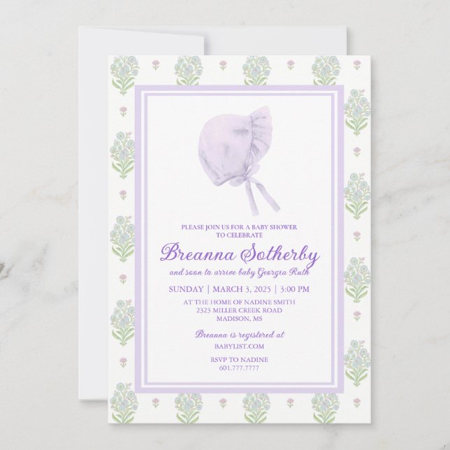 Lavanda de invitación Baby Shower con Bonnet (Anverso)