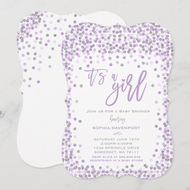 Lavanda de invitaciones Baby Shower Confetti y pla (Anverso / Reverso)