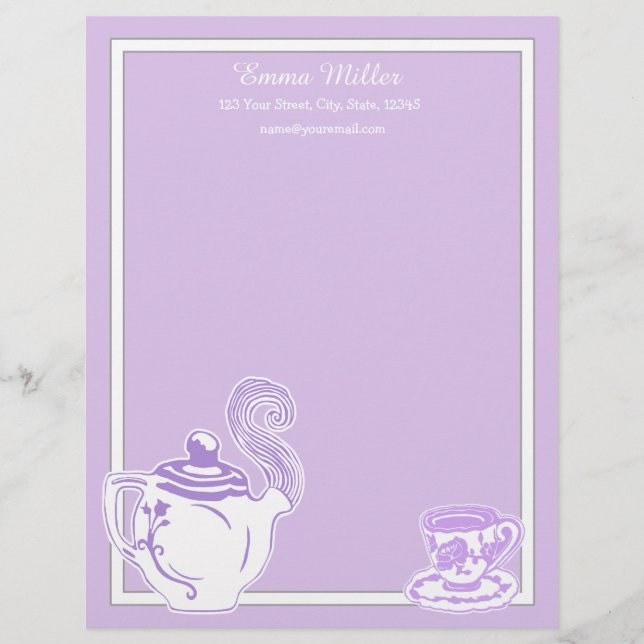 Lavanda de la tetera y de la taza de té y papel (Anverso)