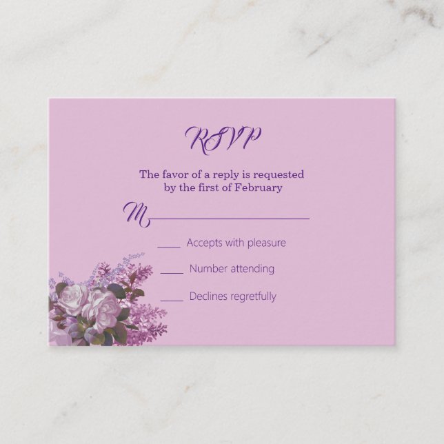 Lavanda, Lilacs, Rosas, tarjeta RSVP de boda (Anverso)