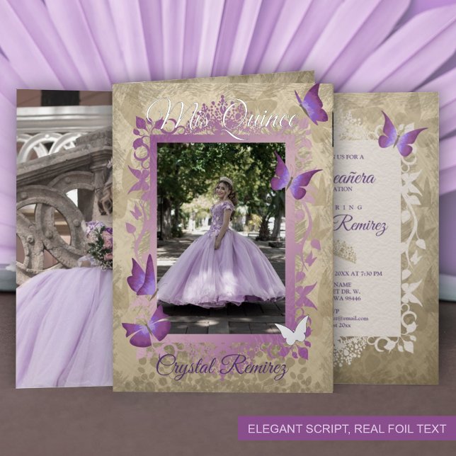 Lavanda, Mariposas Vintage plateadas Quinceanera (purple lavender lilac folded quineanera invitation lavender gown dress fancy frame border vines)