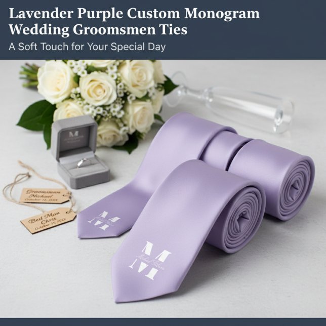 Lavanda Morado Monograma Personalizado Corbata par (Lavender Purple Custom Monogram Wedding Groomsmen Neck Tie)