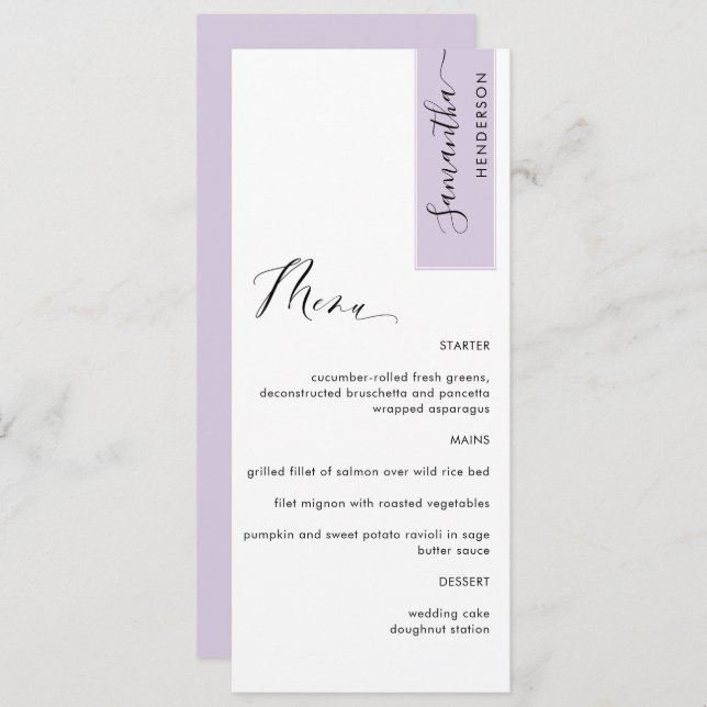 Lavanda personalizada con nombre de invitado Menú  (Anverso / Reverso)