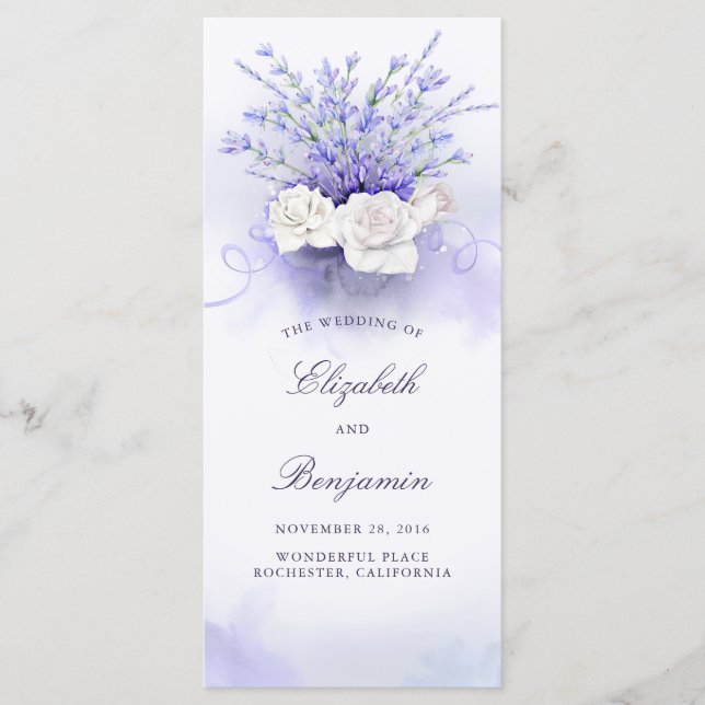 Lavanda y programas de bodas de rosas blancas (Anverso)